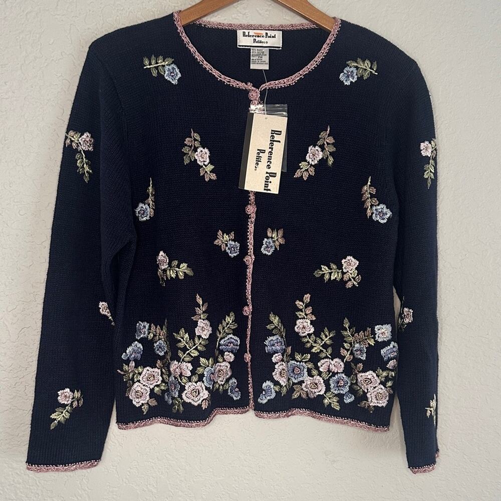 NEW Reference Point Embroidered Cardigan Sweater Grandma Cottage 90s NWT Navy